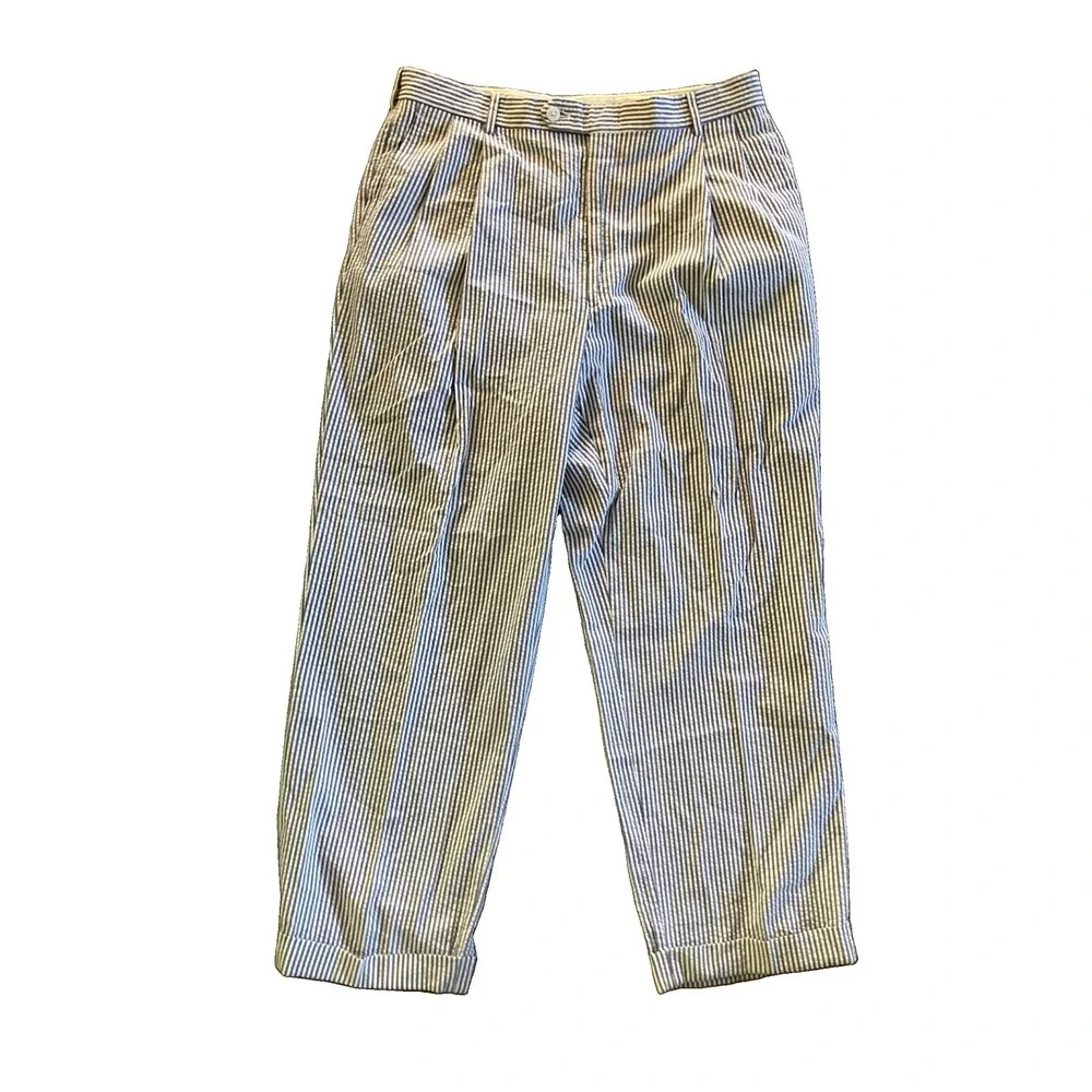 Berle Men's Seersucker Pants Sz 34 X28 Cotton Pleated Cuff Nautical VTG